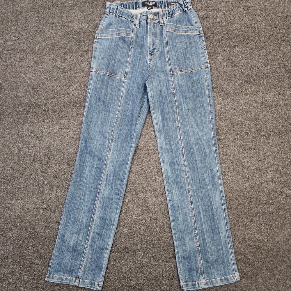 Judy Blue Women 5|27 Medium Wash Straight Leg Elastic Waist Seamed Utility Jeans